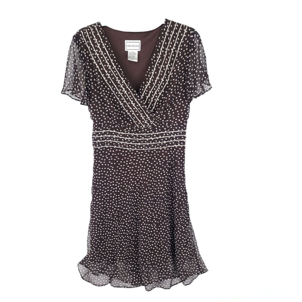 Karin Stevens Dress Womens 10 Vintage Midi Short Sleeve Chiffon V Lined Zip Long